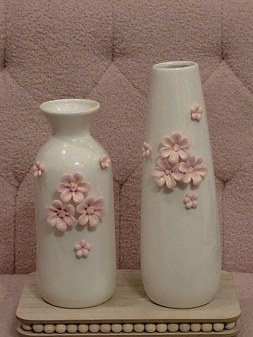 Shabby Chic Ceramic White Vases with Pink Floral Accents - Set of 2